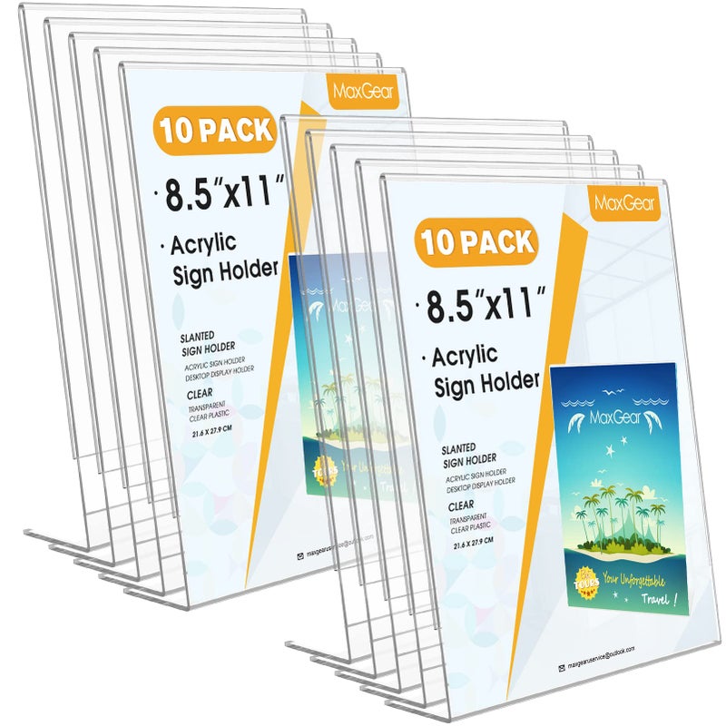ماكسجير حامل لافتات ماكس جير، مقاس 8.5 × 11 بوصة، حامل لافتات أكريليك، حامل لافتات مائل للخلف، حامل لافتات شفاف، حامل ورق بلاستيكي، حامل لافتات يُوضع على الطاولة، حامل عرض بلاستيكي للمكاتب والمتاجر، عبوة من 10 قطع - Image 1